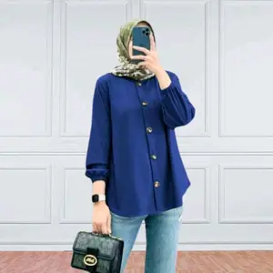 Kemeja Wanita Jumbo Kekinian Atasan Lengan Karet Baju Casual
