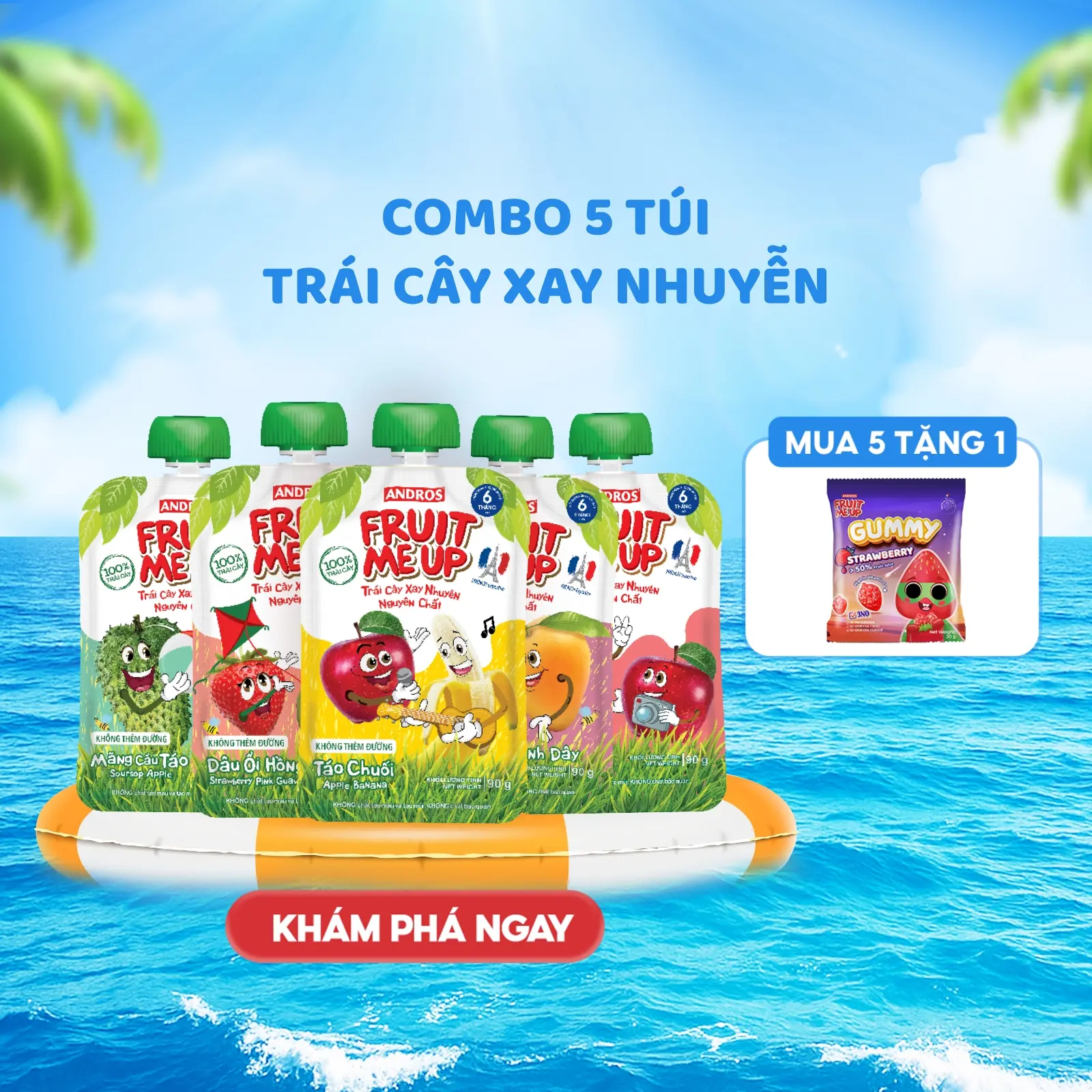 Combo 5 Túi Trái Cây Xay Nhuyễn - Bữa Phụ Trái Cây Xay Nhuyễn Mịn - ANDROS FRUIT ME UP - 90gx5