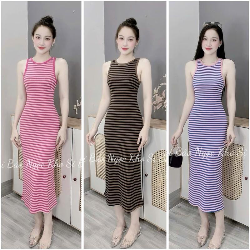 [D35 BẦU MANG ĐƯỢC ]  Váy Body Sọc Kẻ Co Giản nhiều màu Dài 116.5cm Kho Sỉ Bảo Ngọc