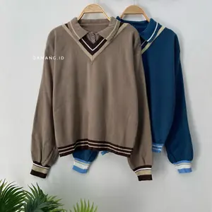 Iriani Sweater Rajut Wanita Kerah Polo V Neck Stripe Lengan Panjang Knit Korean Style