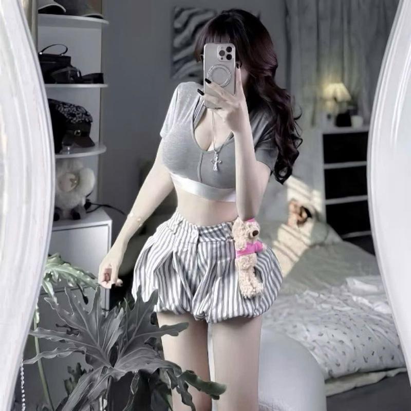 [kèm Ảnh thật]Set Bộ Áo Croptop Tay Ngắn + Quần Short Bí Phồng Lưng chun set crop 5
