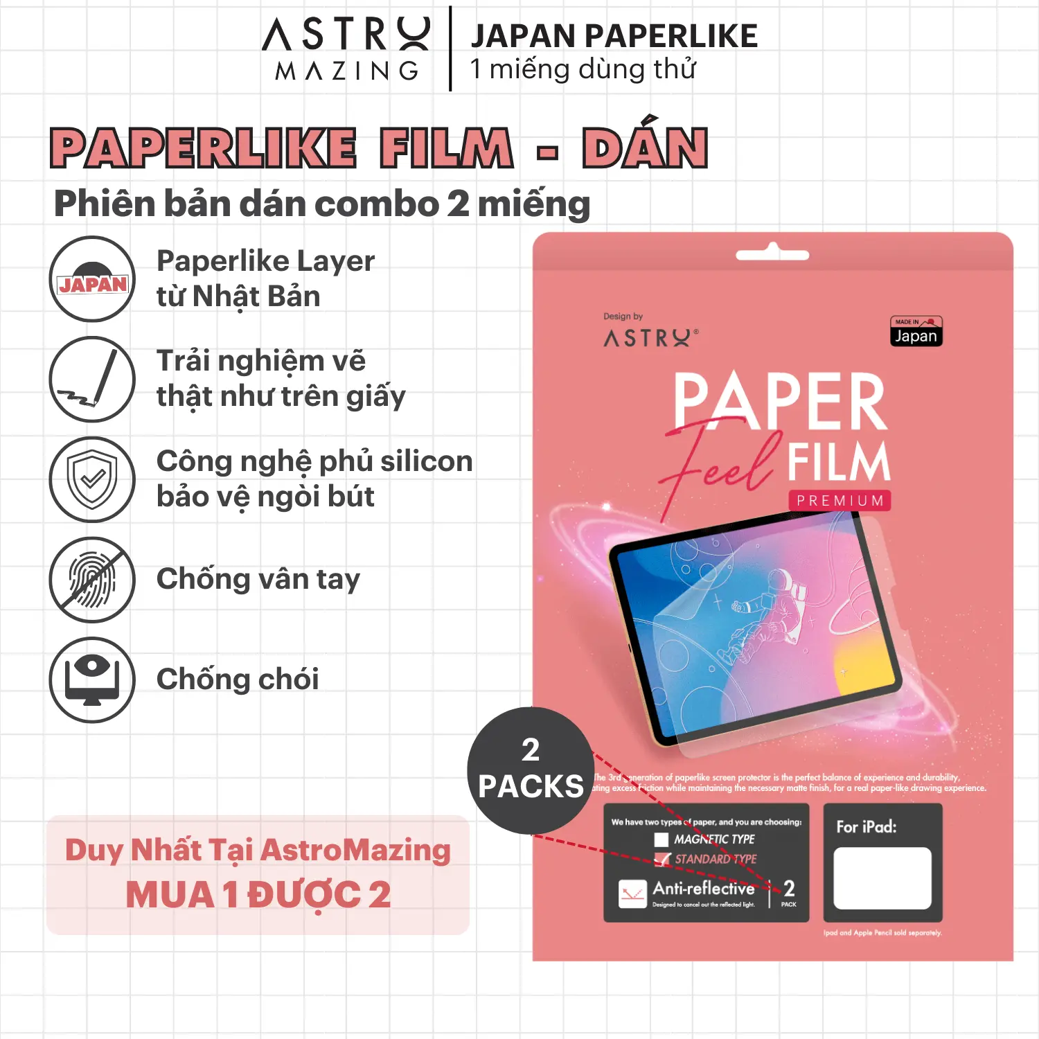 [Paperlike Astro] Miếng dán màn hình i_Pad Paperlike Nhật Bản Hồng chống vân tay cho Pro 11 Air 4 5 Gen 7 8 9