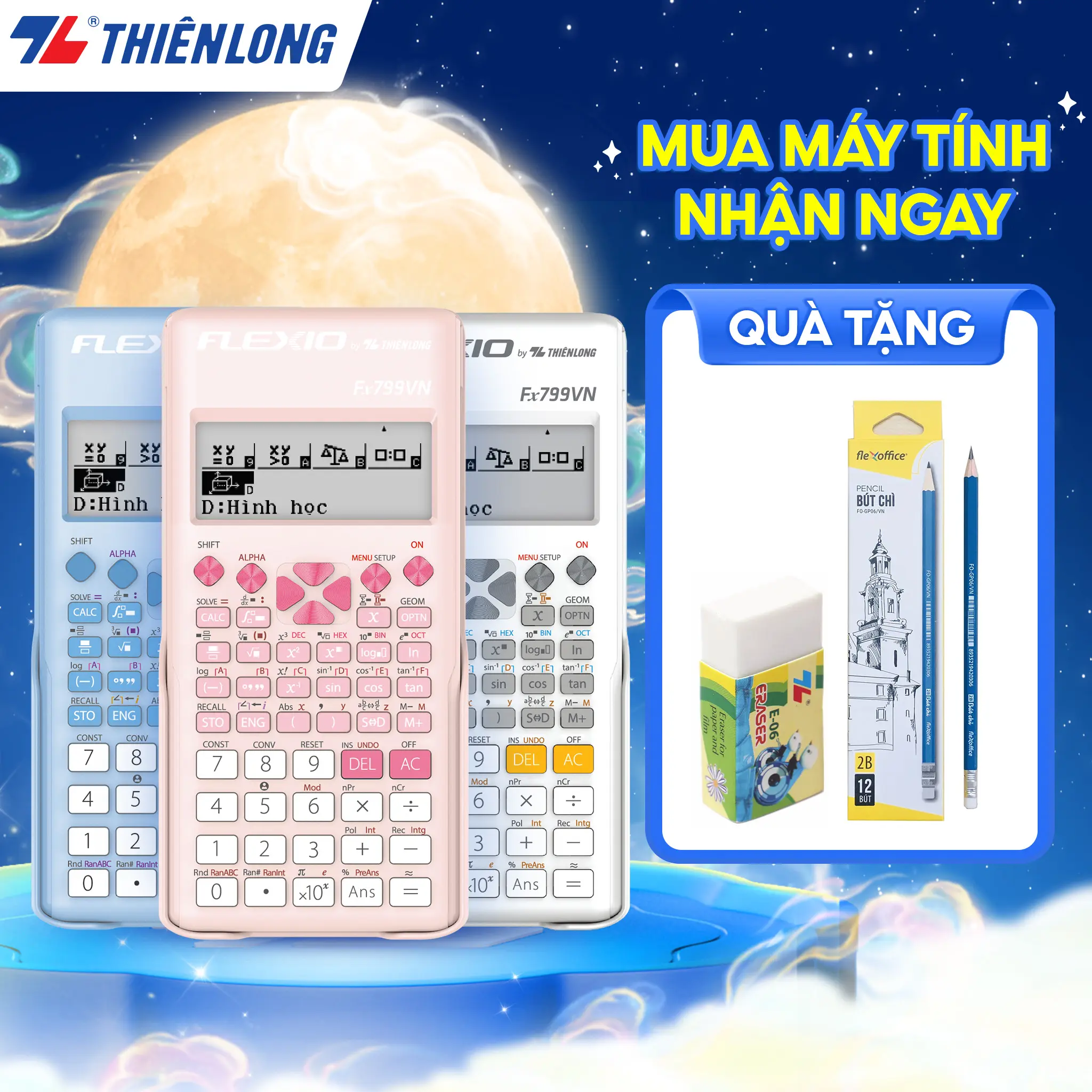 Máy tính khoa học Thiên Long Flexio Fx799VN, 4 màu pastel mới, bảo hành 7 năm, 1 đổi 1 trong 1 năm đầu