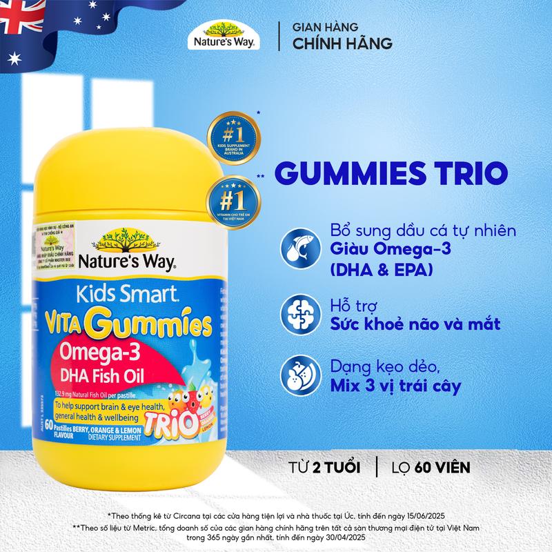  Kẹo Dẻo  Natures Way  Kids Smart Vita Gummies Omega-3 DHA Fish Oil Hỗ Trợ Phát Triển Não Bộ Và Thị Lực Cho Bé - Hộp 60 viên - Bổ Sung Vitamin Và Khoáng Chất Cho Bé 