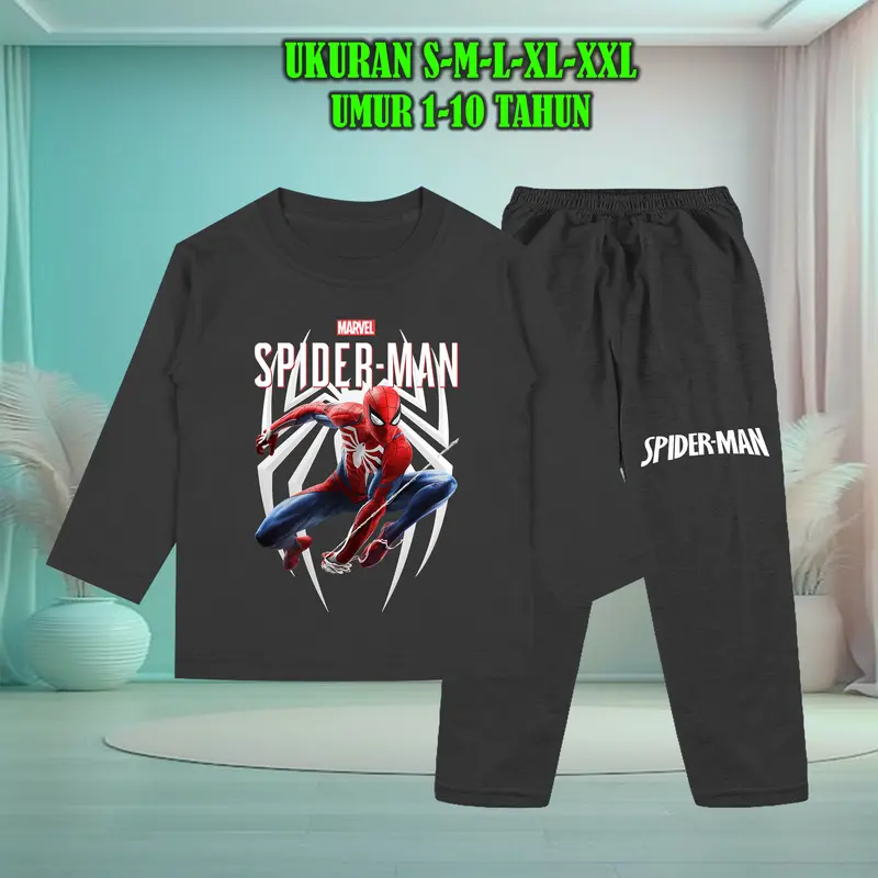 Setelan Baju Anak Tidur Gambar Spiderman Lengan Panjang dengan Sablon Berkualitas - Baju Anak Fashion laki Celana 3