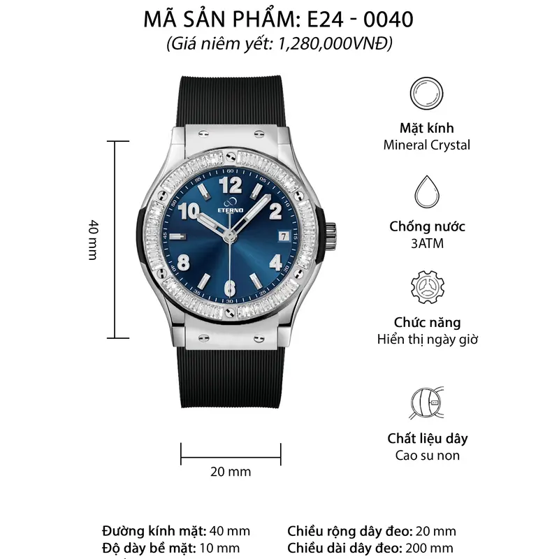 Đồng hồ Nam ETERNO E24-0040 - Viền Đính Đá – Dây Cao Su – Kim Dạ Quang Sang Trọng 7