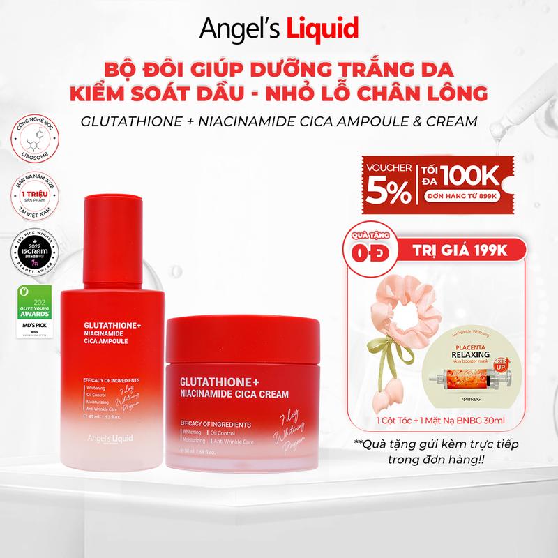 Premium Bộ Đôi Serum & Kem Dưỡng Làm Trắng Kiểm Soát Dầu Nhỏ Lỗ Chân Lông Angel's Liquid Glutathione +Niacinamide +Arbutin Cica