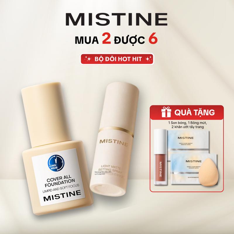 [COD] TẶNG 4 QUÀ | Combo Kem nền Mistine che phủ hoàn hảo, kiềm dầu tốt 30g + Xịt khóa nền lâu trôi + [TẶNG] 1 Son kem, 1 Mút trang điểm, 2 Khăn ướt tẩy trang
