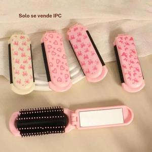 1pc Peine para cabello portátil plegable con espejo integrado, diseño de moño y corazón lindo, herramienta de aseo para cabello compacta y conveniente para viajar