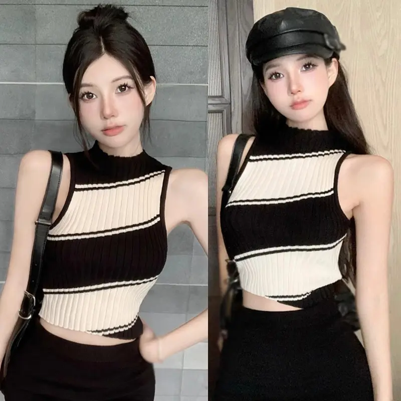 Women's Korean Stripe Contrast Colors Irregular  Sleeveless Crop Top
