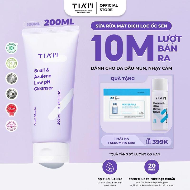 ĐỘC QUYỀN LIVE-Tặng 1 Mask WonJin+ HA 10ml Sữa Rửa Mặt Tinh Chất Dịch Lọc Ốc Sên Làm Dịu Và Hỗ Trợ Phục Hồi Dành Cho Da Dầu Mụn Nhạy Cảm TIA’M Snail & Azulene Low pH Cleanser 200ml KOL