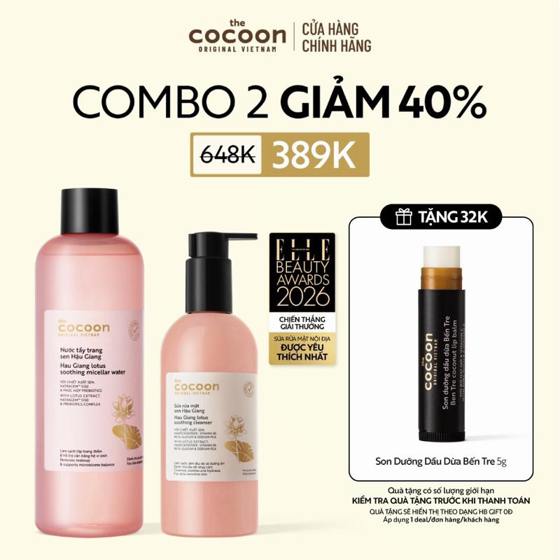 COMBO 1 Bigsize Nước tẩy trang Sen Cocoon 500ml + 1 Bigsize Sữa rửa mặt Sen Hậu Giang 310ml