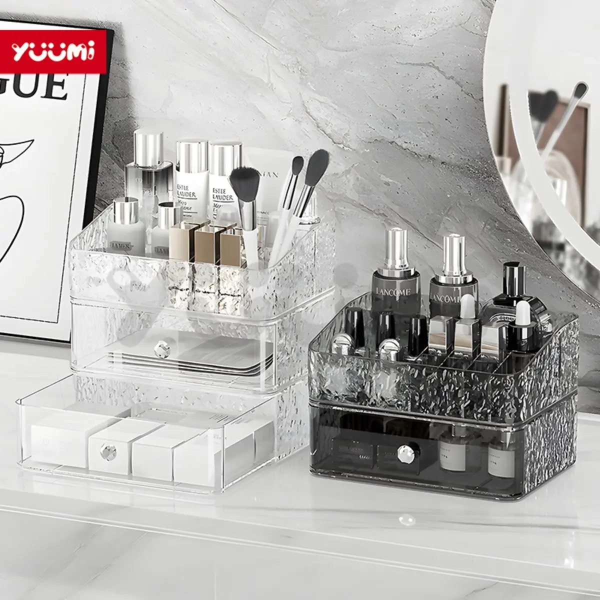 Yuumi Acrylic Transparent Cosmetic Makeup Organizer Skincare Storage Box Rak Makeup Lipstick Box With Mini Drawer Golden Supplies