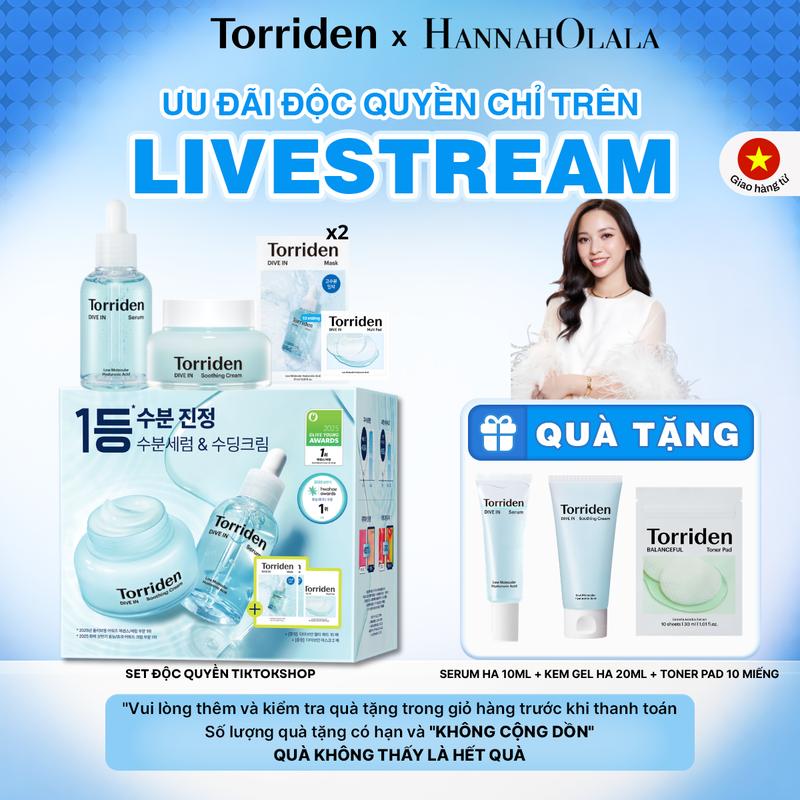 [HannahOlala x Torriden] Set Độc Quyền Tiktok Shop Serum HA 50ml Kem Gel HA 100ml Mặt Nạ HA 27mlx2 Toner pad HA 10 miếng 26ml cấp ẩm làm mát dịu da