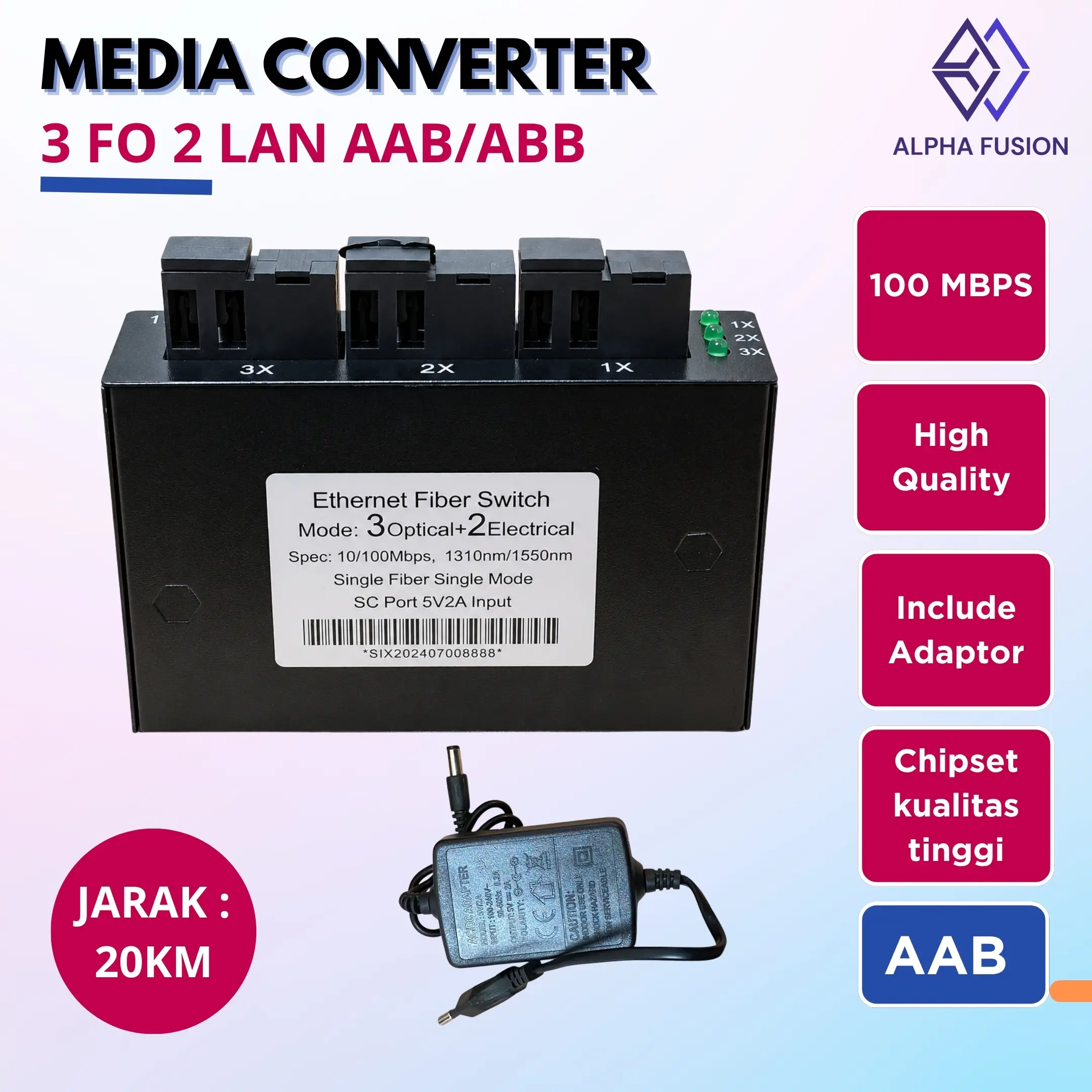 Media Converter Fiber Optik HTB 3 Port FO 2 Port AAB/ABB LAN RJ45 10/100Mbps 20KM