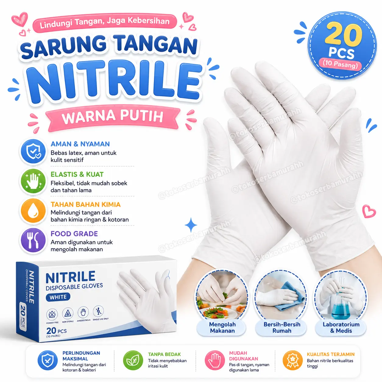 20 PCS PUTIH Sarung Tangan Nitrile Safe Glove Examination Glove Putih - Cleaning