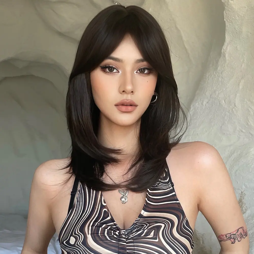 HAIRCUBE Long Dark Brown Wigs for Women, Synthetic Hair Wig with Bangs for Daily Use