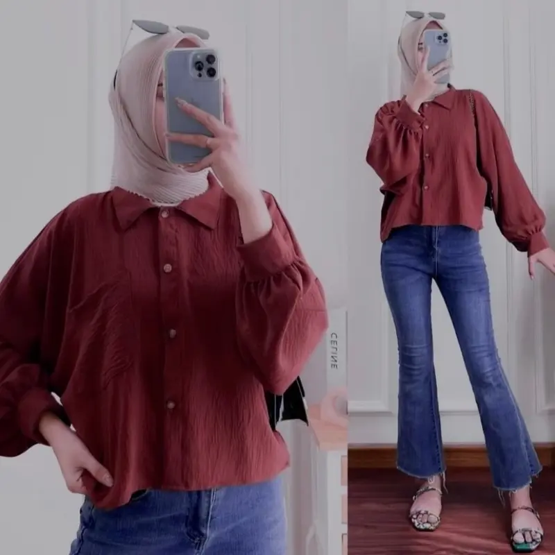 ￼Atasan Blouse Wanita Crop Beatwing Lengan Panjang Kerah Kemeja AirFlow atasan kemeja wanita 4