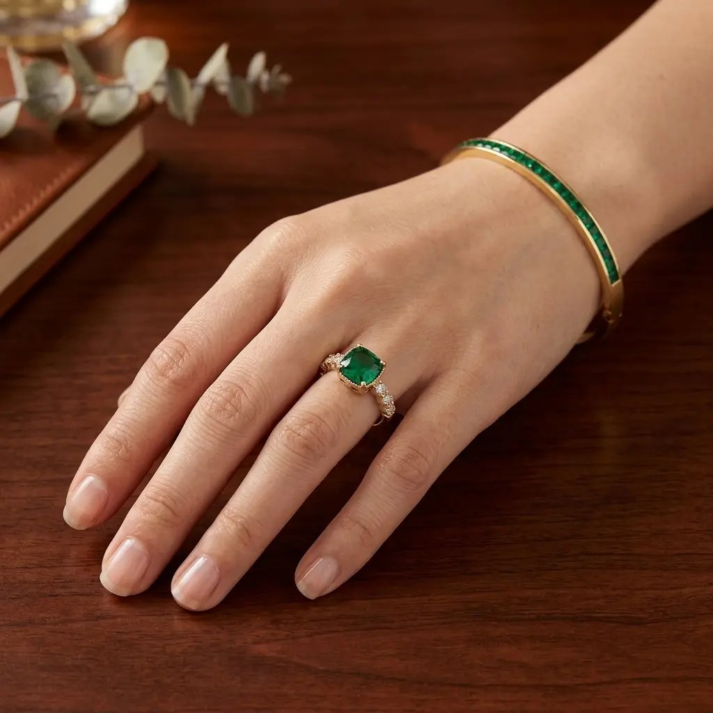 Kalung Sarvine Hati Hijau Dan Bangle Zircon Hijau Satu Baris Dan Cincin Batu Hijau Tampilan Simpel Sehari Hari Koyara Jewelry
