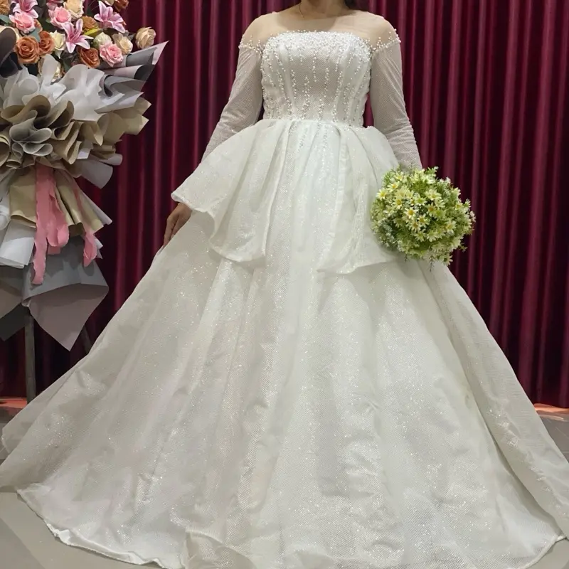 Gaun Pengantin Putih Sabrina Lengan Panjang Wanita Dress