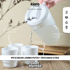 Kiara Houseware Paket Hemat Eskan/Teko Jumbo 3L & Mug Citra Putih Tea Teko Set Kapasitas Besar Diameter 14 cm BPA Free Cocok untuk Segala Acara
