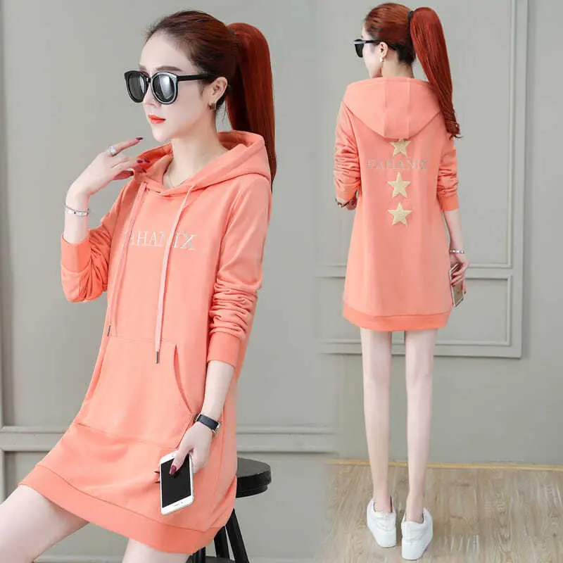 Cotton-containing hooded mid-length sweater female new style Korean-style stylish long-sleeved pullover loose dress