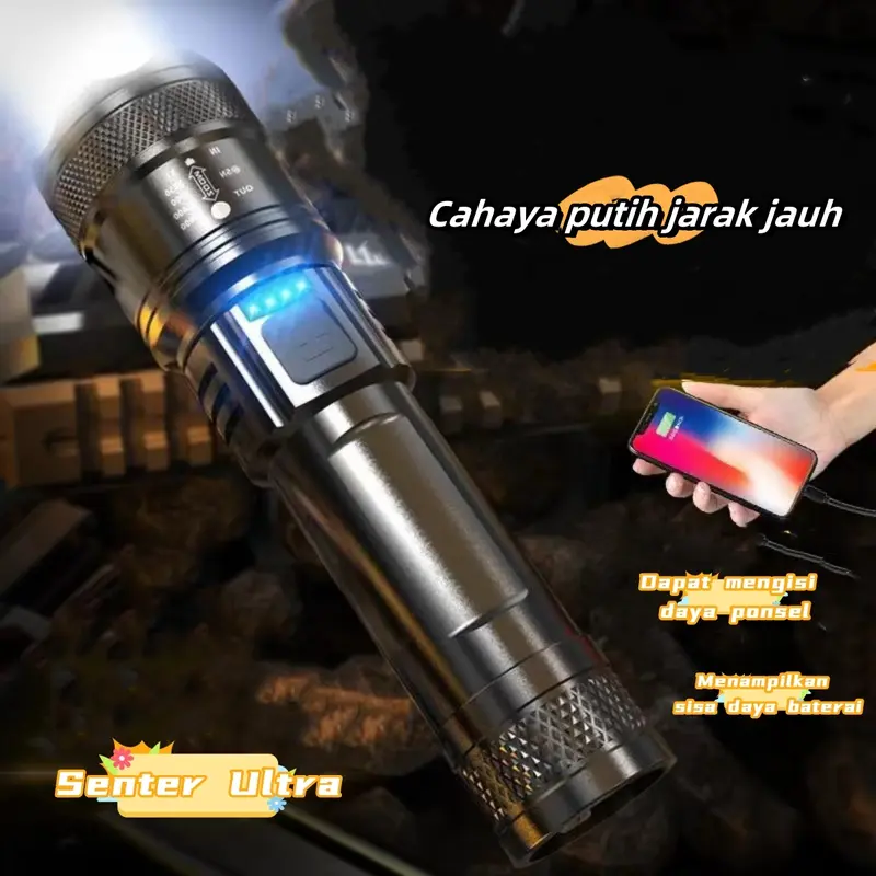 Senter USB Portabel yang Dapat Diisi Ulang dengan Zoom Teleskopik Luar Ruangan Super Terang untuk Pemotretan Jarak Jauh Lampu Sorot Pencahayaan Dalam Ruangan 3