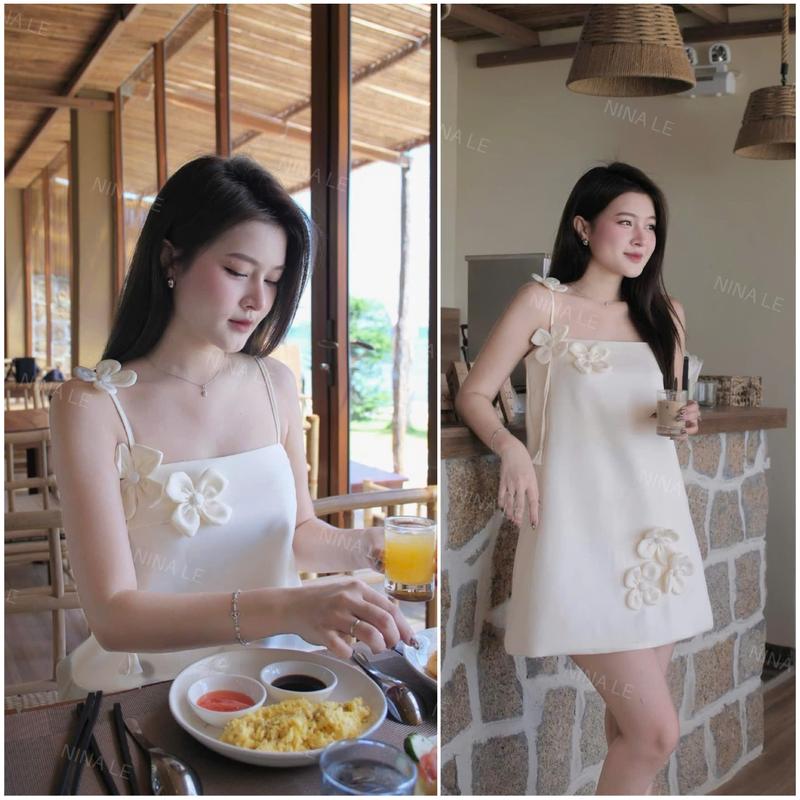 (Kèm quần,6 tag hoa) Đầm 2 dây đính hoa  Y57E dáng suông đúp lót sạch - Enna store