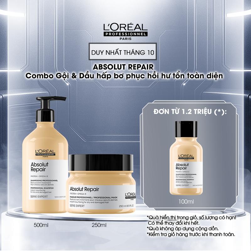 [DUY NHẤT 14-15.10] Combo Dầu gội 500ml & Dầu hấp bơ phục hồi hư tổn toàn diện L'Oréal Professionnel Absolut Repair 250ml