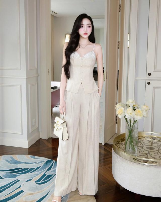 Set áo hai dây đính cườm hoa sẵn mút, Quần ống suông dáng dài dập ly sang trọng Hb.closet S6