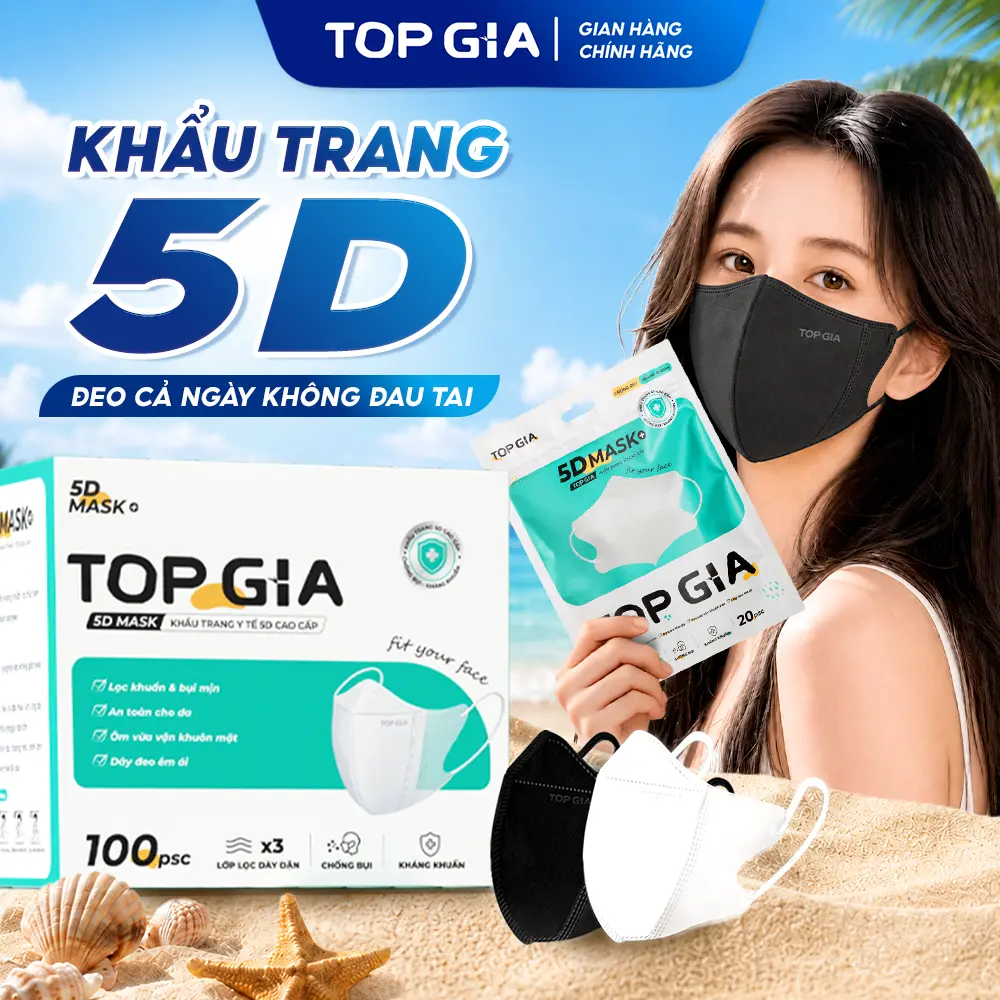 [DEAL SỐC 200C-BẢO VỆ TOÀN DIỆN] Thùng 100/200/300/500 chiếc khẩu trang 5D cải tiến TOPGIA an toàn, thoáng khí, chống thấm nước và ngăn bụi mịn, 3 lớp vải không dệt cao cấp(KTR), 1 túi 20 chiếc
