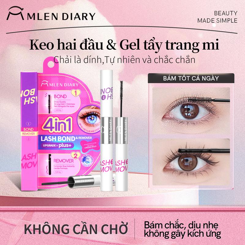 Mlen Diary - Keo 2 Đầu Mascara 4in1 Mlen Diary Tổng Dung Tích 8g - Kết Hợp Dung Dịch Tẩy Keo Dành Cho Mi Giả, Thiết Kế Tiện Lợi