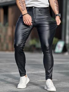 メンズブラックフェイクレザー薄型パンツ、ファッショナブルでユニーク、簡単にトレンディなルックを演出、デニム風