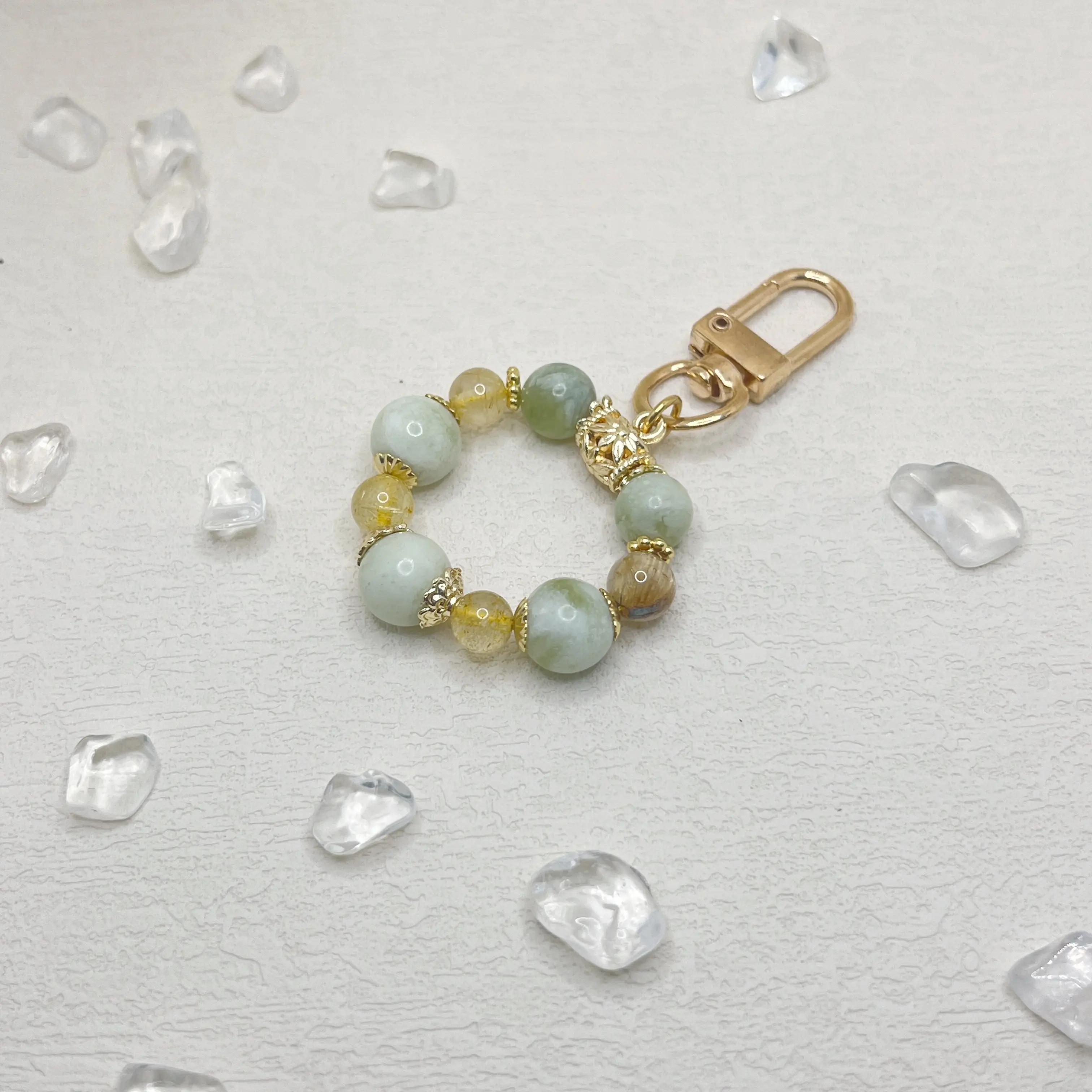 【OwniCrystals】Xiu Jade Gold Rutilated Quartz Natural crystal stone bag charm keychain crystal keychains