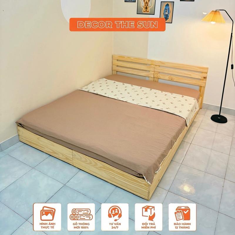 Decor The Sun Giường Pallet Chân Cao Kín 4 Mặt Chiều Dài 2m Tặng Kèm Tựa Đầu Dùng Decor Phòng Ngủ Homestay Gỗ Thông 100% Chống Cong Vênh Mốc Mọt Kích Thước dài 2m