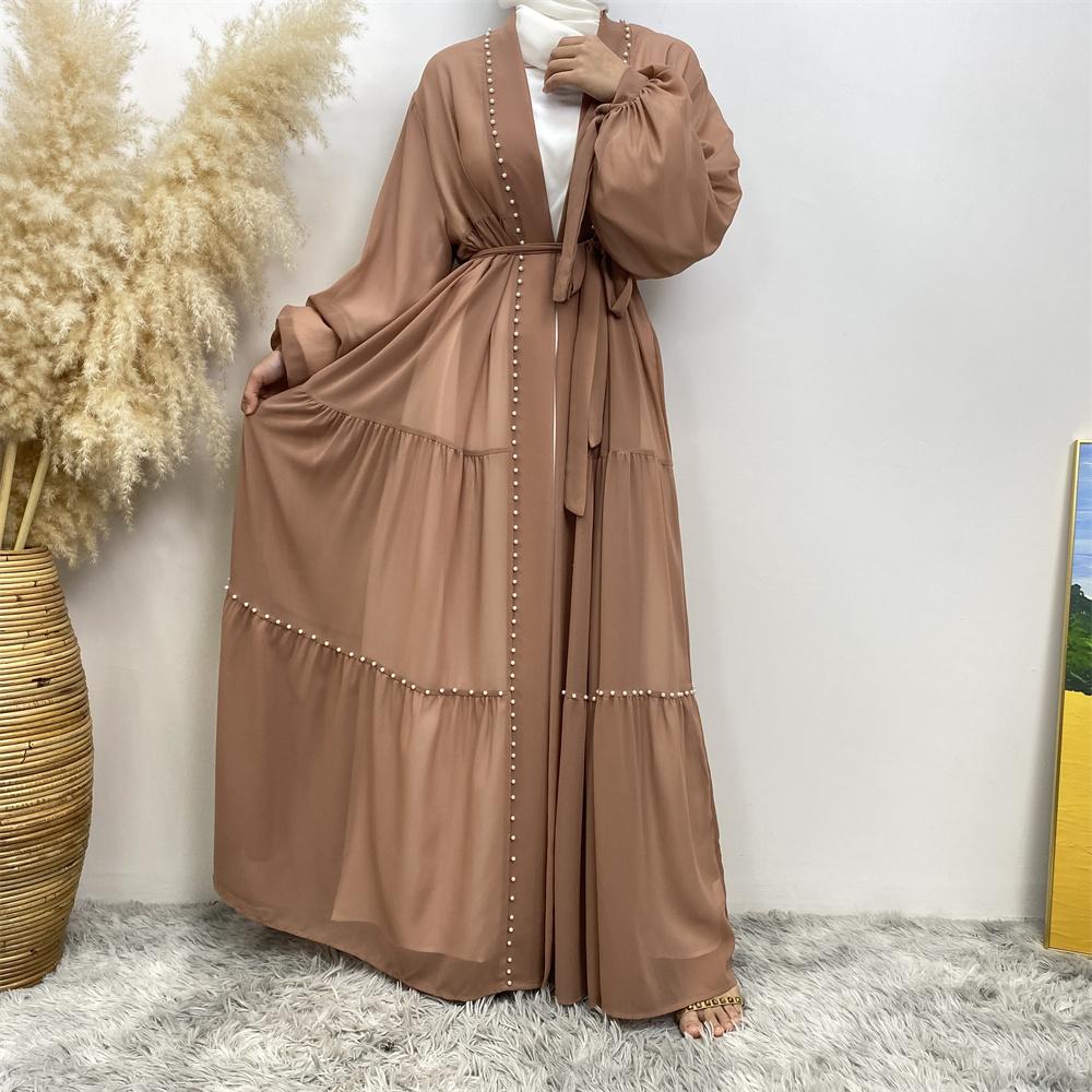 1964# Newest Fashionable Open Abaya With Pearls Five Colour - CHAOMENG MUSLIM SHOP