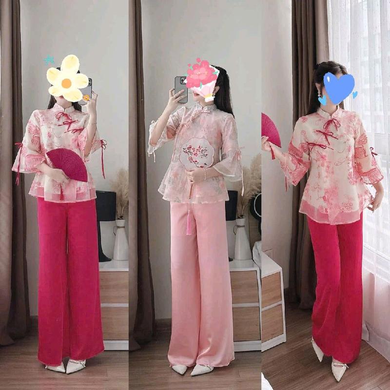 Free size eo dưới 78cm Set áo nữ cổ tàu voan hoa tay loe kèm quần dài tuyết nhung phong cách Trung Hoa