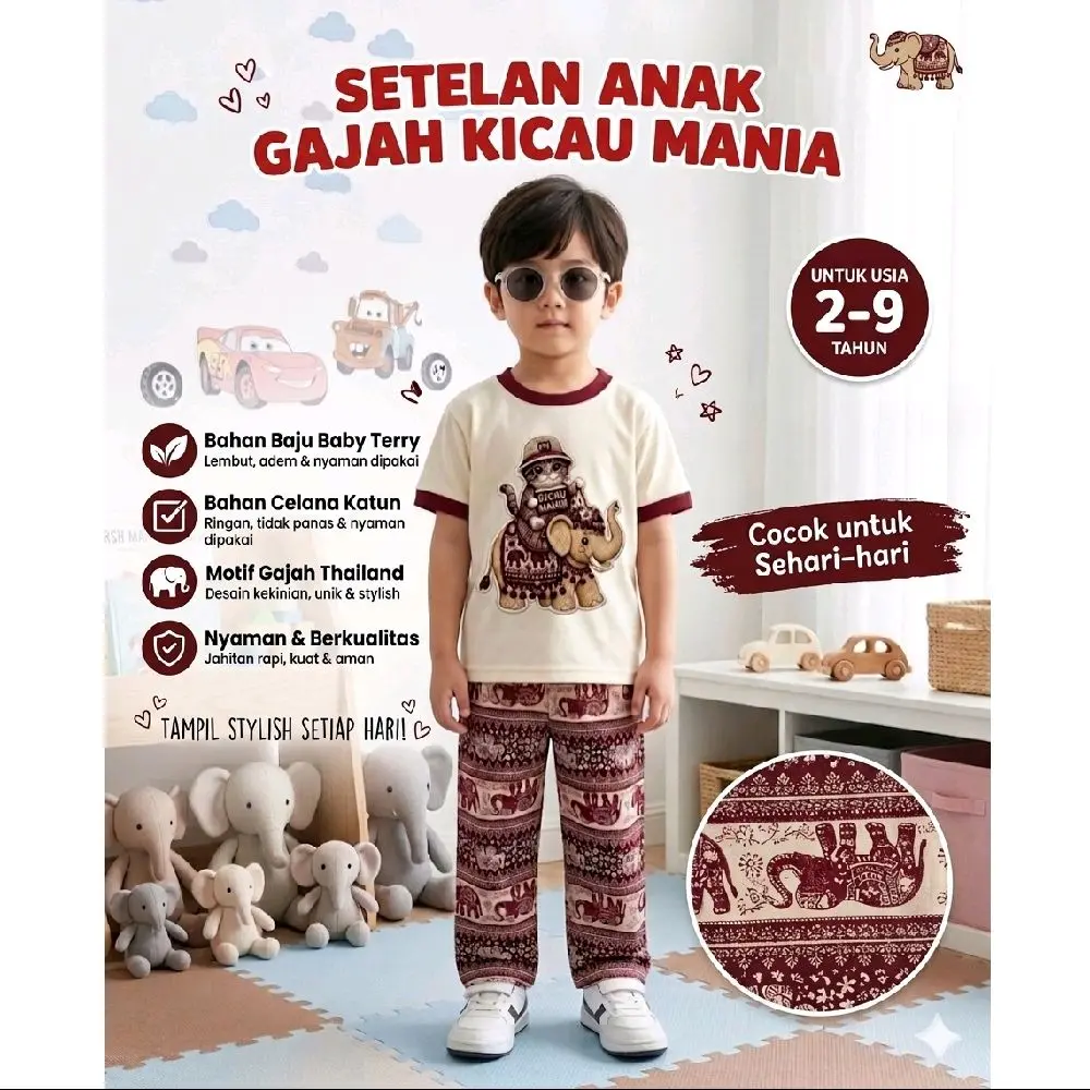 Oneset Anak - Setelan Anak Motif Viral Gajah Kicau Mania Usia 2 - 9 Tahun / Setelan Anak Laki Laki Terbaru