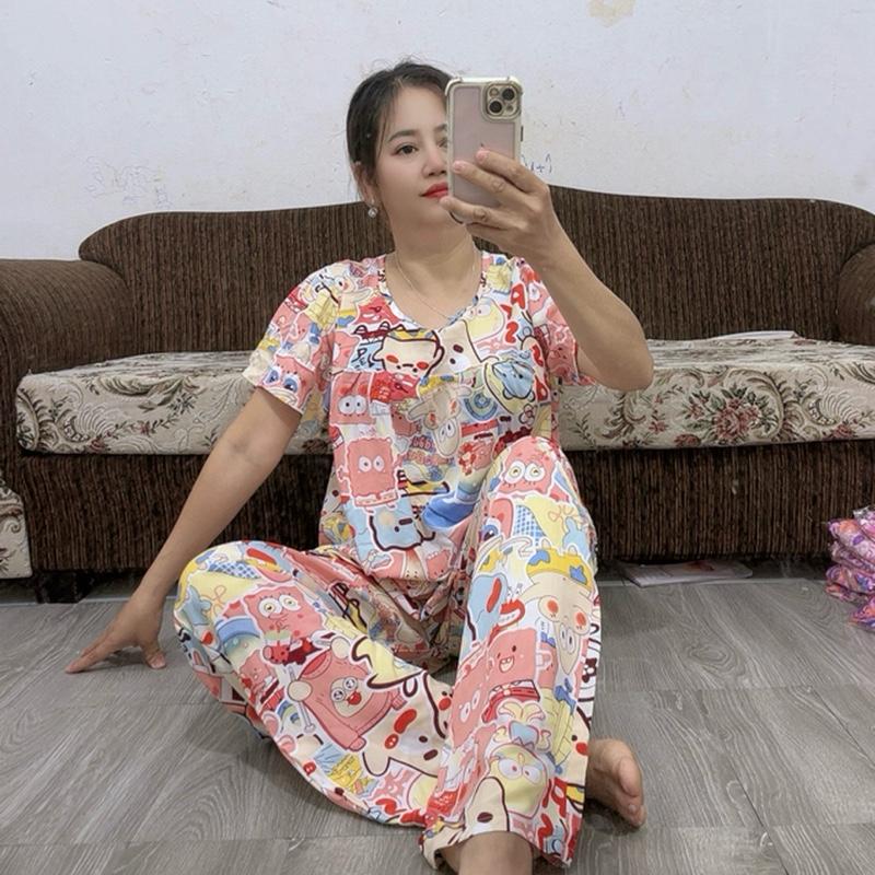 Đỗ Hạnh-152. Đồ Bộ Tole Lanh Big Size Quần Dài Áo Cổ Tròn Tay Ngắn. Nhiều Họa Tiết.