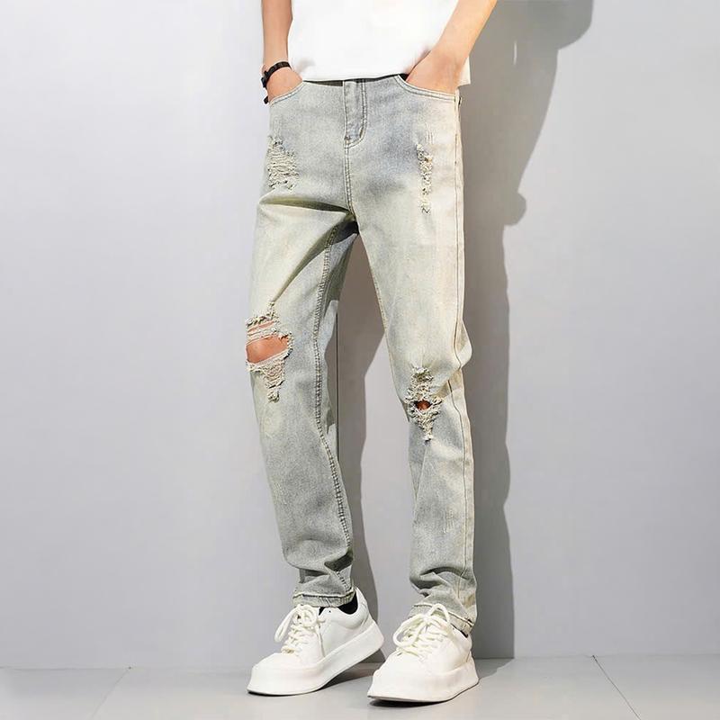 Quần jean dài nam màu xám nhạt rách gối chất bò đẹp co dãn tốt 4 chiều Có Túi form dáng skinny boy phố QJ10 Menswear Pants