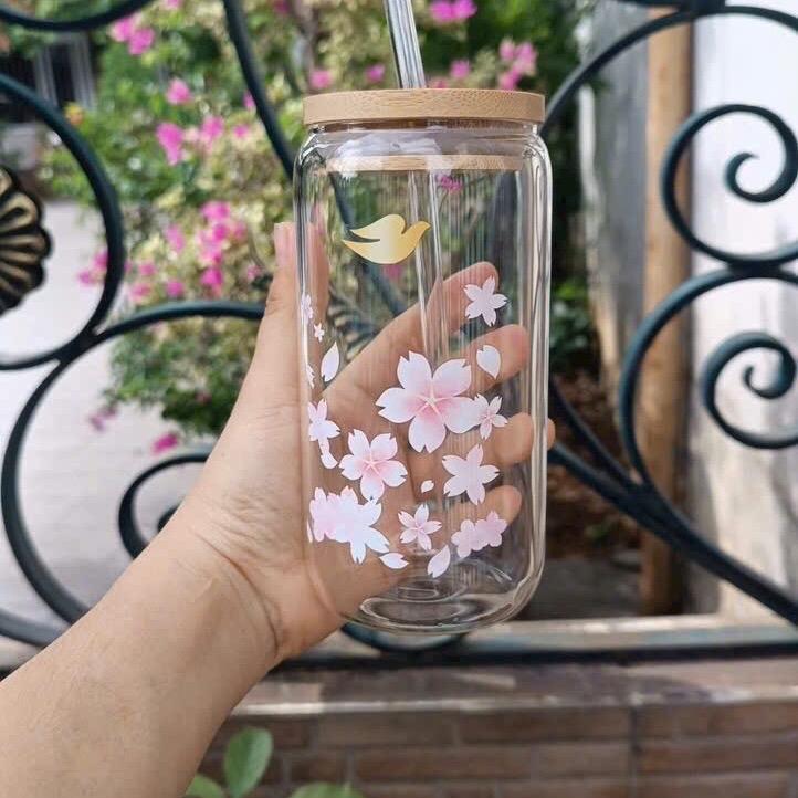 LY THUỶ TINH NẮP GỖ+KÈM ỐNG HÚT THUỶ TINH, DUNG TÍCH 500ml,THIẾT KẾ SANG TRỌNG.