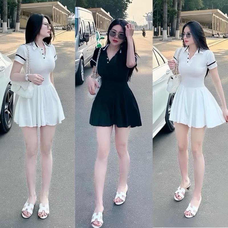 Váy form xòe tay ngắn cổ polo CÓ KÈM QUẦN- Chất thun gân co giãn tốt mát mẻ - Freesize dưới 55kg. Nữ Women Đen Dress Kem