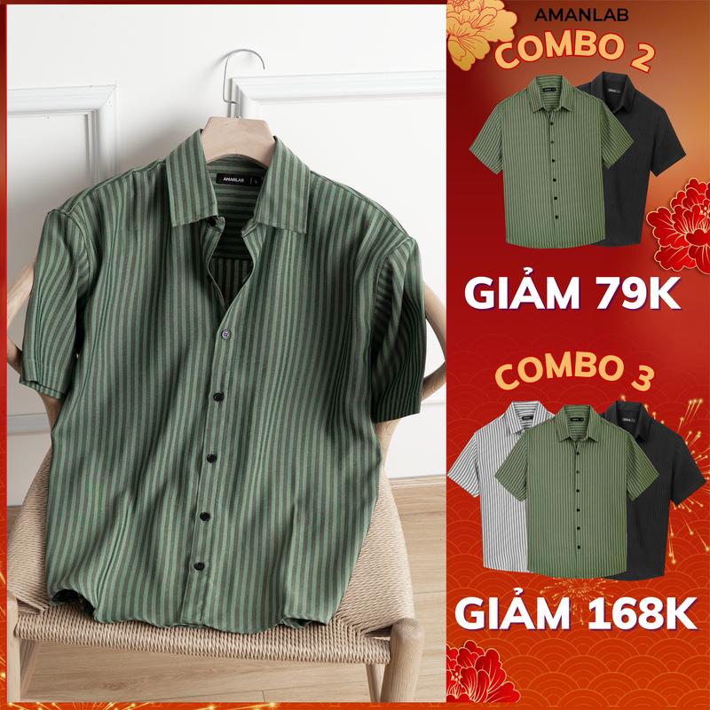  Áo sơ mi nam ngắn tay kiểu sọc dọc vải cotton chống nhăn form regular VYN  LUXURY 