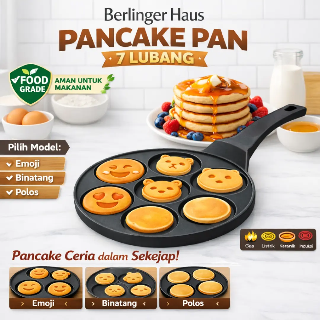 Premium Pancake Pan 7 Lubang 27 cm Untuk Sarapan Anak – model Emoji, Hewan, Polos; material Premium Cast aluminium with Titan Coating, matte black edition, hasil seragam, masak lebih cepat, cocok hadiah perlengkapan dapur