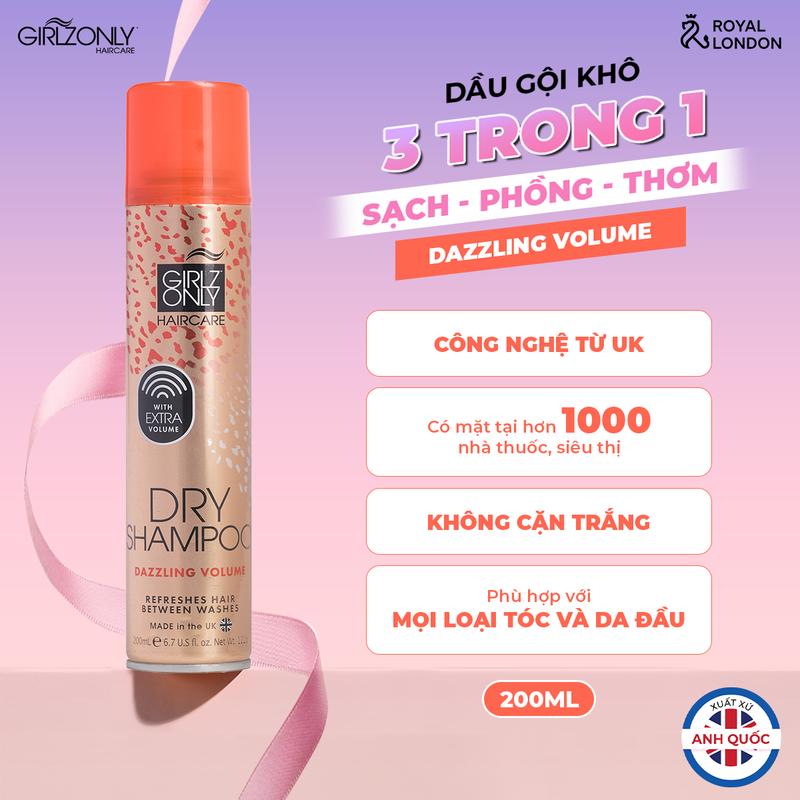 Dầu gội khô Girlz Only 3in1 sạch, phồng, thơm, kiềm dầu hiệu quả, lưu hương 3-4h, xuất xứ Anh Quốc, phù hợp với mọi loại tóc kể cả da đầu nhạy cảm, dung tích 200ml