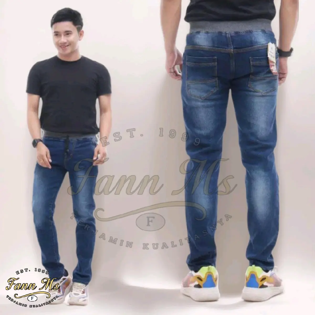 Celana Jeans Pria Jumbo – Pinggang Karet, Nyaman & Fleksibel - Panjang Stretch