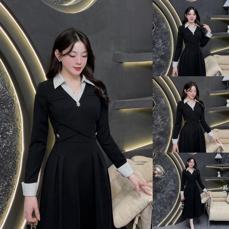  G129 - Váy Thiết Kế Evii dành cho nữ Đầm thiết kế cổ V bẻ phối dạ tiêu  tặng kèm tag cài  dáng A xòe dài phù hợp đi làm đi chơi và đi dự tiệc. Có Bigsize Women Dress 