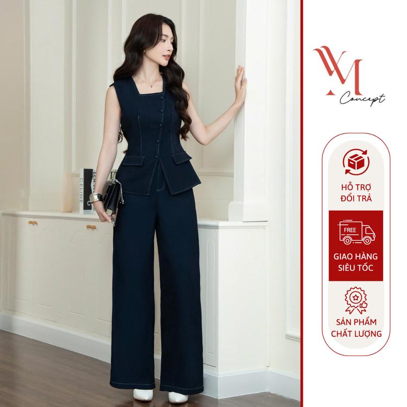YM Concept Set Áo Gile Nút Xéo Phối Quần Ống Suông Thanh Lịch Thời Trang Công Sở Hàng Ngày Cotton Hàn Dày Dặn Tôn Dáng D1407