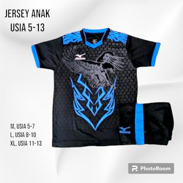 kaos bola anak motif elang untuk usia 5-14 th Futsal Sepak bola Outdoor  hitam biru XL