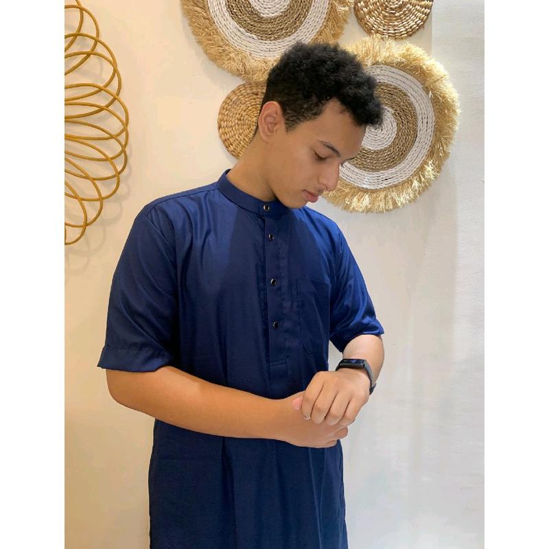 Gamis Hasyimi Lengan Pendek Berkerah by MAJA Collection Gamis Toyobo Grade A Kancing Premium Busana Muslim Pria Warna Navy Dewasa Hitam Katun Panjang Jubah 7